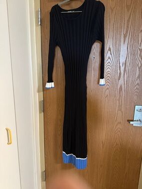 Black Ribbed Midi Dress with Blue & White Trim